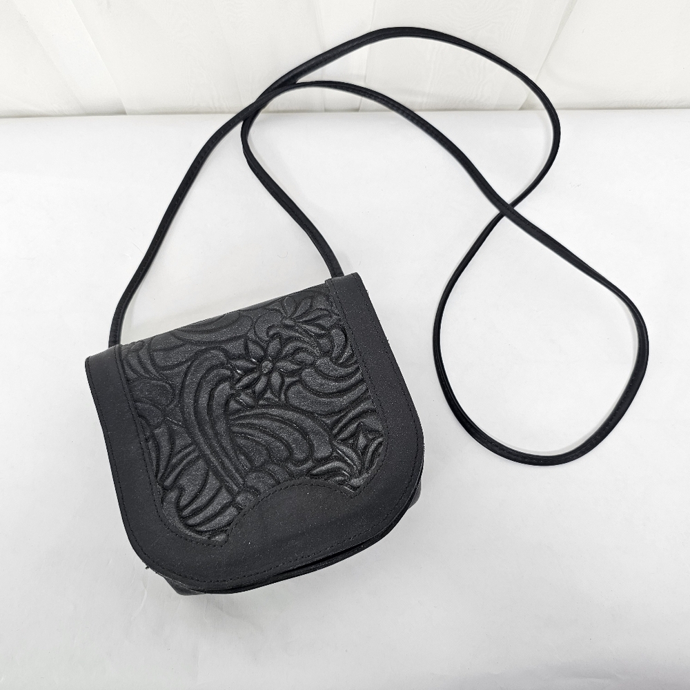 Black Leather Embossed Shoulder Bag Small